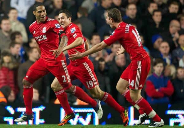 LONDON, ENGLAND - Sunday, November 20, 2011: Liverpool's Glen Johnson celebrates scoring the second goal against Chelsea with team-mates Stewart Downing and Jordan Henderson during the Premiership match at Stamford Bridge. (Pic by David Rawcliffe/Propaganda)