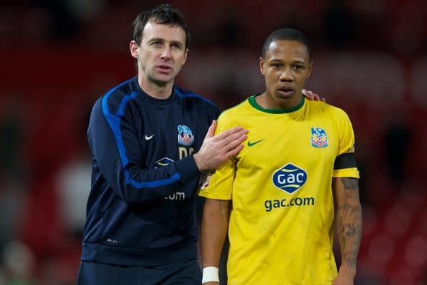 MANCHESTER, ENGLAND - Wednesday, November 29, 2011: Crystal Palace's manager Dougie Freedman celebrates with Nathaniel Clyne after his side's 2-1 victory over Manchester United during the Football League Cup Quarter-Final match at Old Trafford. (Pic by David Rawcliffe/Propaganda)