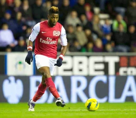 WIGAN, ENGLAND - Saturday, December 3, 2011: Arsenal's Alex Song in action against Wigan Athletic during the Premiership match at the DW Stadium. (Pic by Vegard Grott/Propaganda)