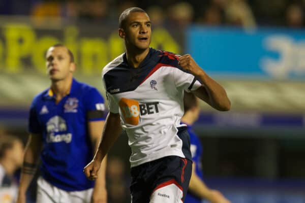 LIVERPOOL, ENGLAND - Wednesday, January 4, 2012: Bolton Wanderers' David Ngog celebrates scoring the equalising first goal against Everton during the Premiership match at Goodison Park. (Pic by David Rawcliffe/Propaganda)