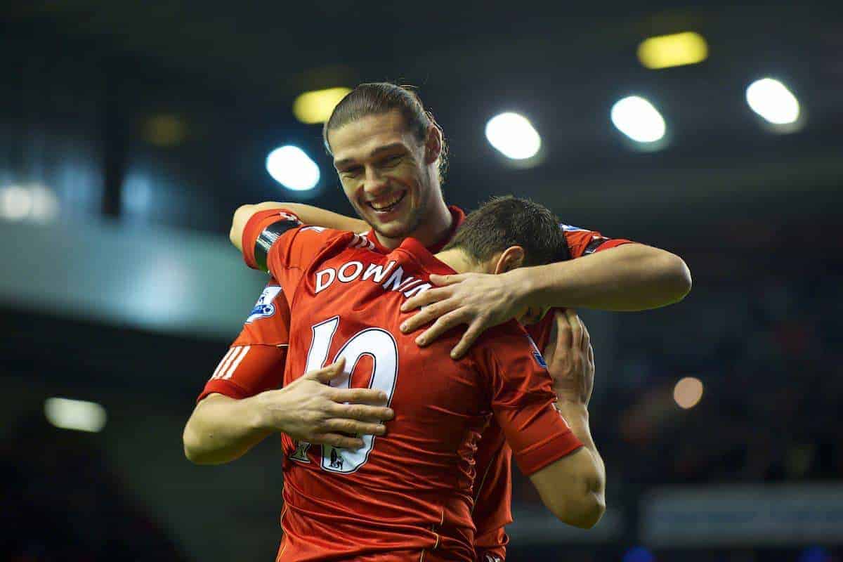 LIVERPOOL, ENGLAND - Friday, January 6, 2012: Liverpool's Stewart Downing celebrates scoring his first goal for the club, his side's fifth against Oldham Athletic with team-mate Andy Carroll during the FA Cup 3rd Round match at Anfield. (Pic by David Rawcliffe/Propaganda)