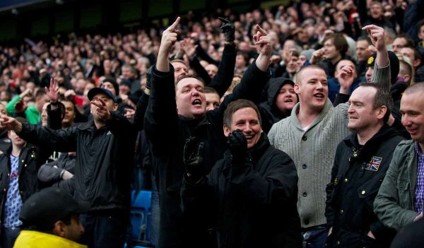 MANCHESTER, ENGLAND - Sunday, January 8, 2012: Manchester United's supporters taunt the City fans during the FA Cup 3rd Round match at the City of Manchester Stadium. (Pic by David Rawcliffe/Propaganda)