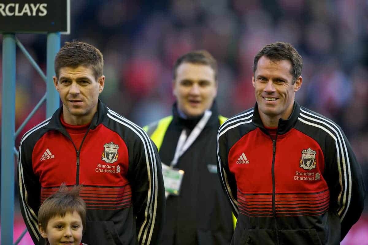 LIVERPOOL, ENGLAND - Saturday, January 14, 2012: Liverpool's captain Steven Gerrard and Jamie Carragher before the Premiership match against Stoke City at Anfield. (Pic by David Rawcliffe/Propaganda)