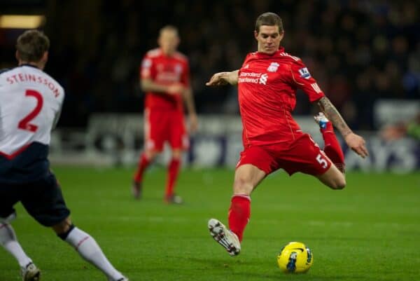 BOLTON, ENGLAND - Saturday, January 21, 2011: Liverpool's Daniel Agger in action against Bolton Wanderers during the Premiership match at the Reebok Stadium. (Pic by David Rawcliffe/Propaganda)