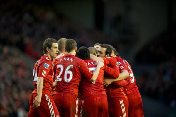 LIVERPOOL, ENGLAND - Saturday, February 19, 2012: Liverpool's Glen Johnson celebrates his side's second goal against Brighton & Hove Albion with team-mates Jordan Henderson, Charlie Adam, Luis Alberto Suarez Diaz, Jose Enrique and Andy Carroll during the FA Cup 5th Round match at Anfield. (Pic by David Rawcliffe/Propaganda)