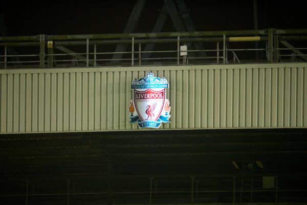 LIVERPOOL, ENGLAND - Tuesday, March 13, 2012: One of the lights goes out on the Liverpool FC crest above the Spion Kop during the Premiership match against Everton at Anfield. (Pic by David Rawcliffe/Propaganda)