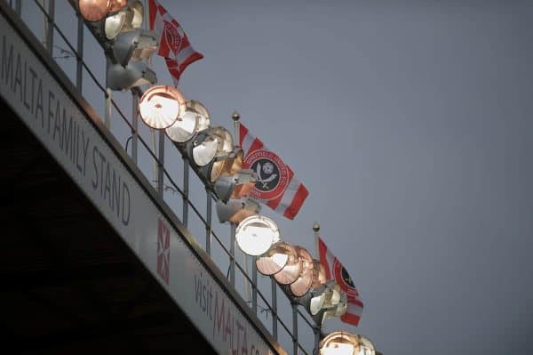 SHEFFIELD, ENGLAND - Saturday, March 17, 2012: Floodlights and flags at Bramall Lane, home of Sheffield United as they take on Tranmere Rovers during the Football League One match. (Pic by David Rawcliffe/Propaganda)