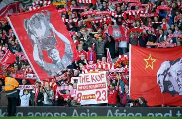 LIVERPOOL, ENGLAND - Sunday March 18, 2012: Liverpool's supporters on the Spion Kop sing You'll Never Walk Alone before the FA Cup Quarter-Final match against Stoke City at Anfield. (Pic by David Rawcliffe/Propaganda)