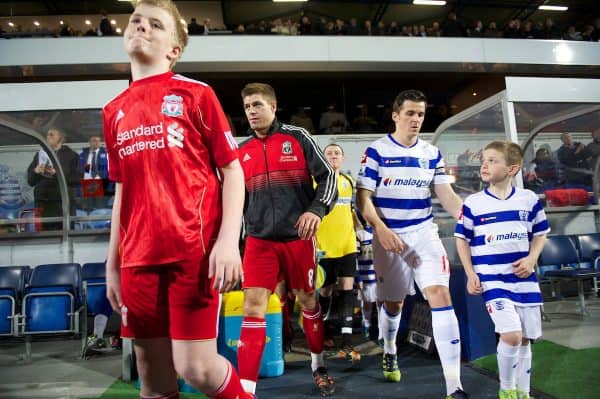 LONDON, ENGLAND - Wednesday, March 21, 2012: Liverpool's captain Steven Gerrard and Queens Park Rangers' captain Joey Barton before the Premiership match at Loftus Road. (Pic by David Rawcliffe/Propaganda)