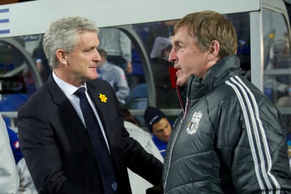 LONDON, ENGLAND - Wednesday, March 21, 2012: Liverpool's manager Kenny Dalglish and Queens Park Rangers' manager Mark Hughes during the Premiership match at Loftus Road. (Pic by David Rawcliffe/Propaganda)