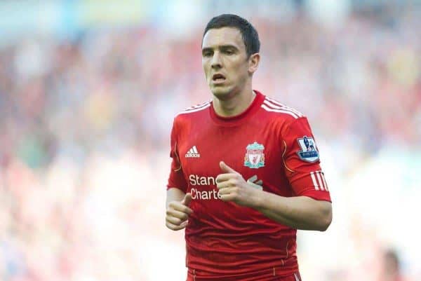 LIVERPOOL, ENGLAND - Saturday, March 24, 2012: Liverpool's Stewart Downing in action against Wigan Athletic during the Premiership match at Anfield. (Pic by David Rawcliffe/Propaganda)