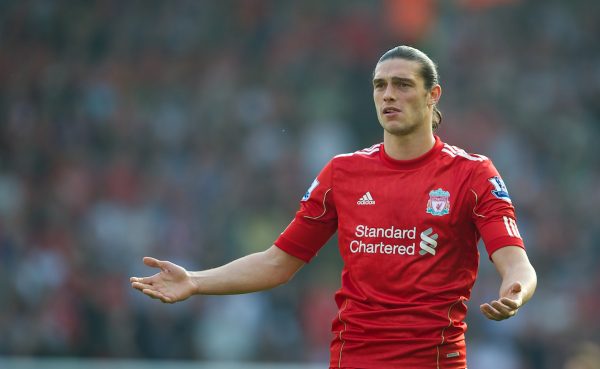 LIVERPOOL, ENGLAND - Saturday, March 24, 2012: Liverpool's Andy Carroll looks dejected as referee Lee Mason dissallows what would be his side's second goal during the Premiership match against Wigan Athletic at Anfield. (Pic by David Rawcliffe/Propaganda)