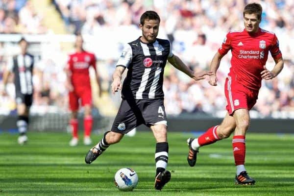 NEWCASTLE-UPON-TYNE, ENGLAND - Sunday, April 1, 2012: Liverpool's captain Steven Gerrard MBE in action against Newcastle United's Yohan Cabaye during the Premiership match at St James' Park. (Pic by Vegard Grott/Propaganda)