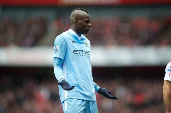 LONDON, ENGLAND - Easter Sunday, April 8, 2012: Manchester City's Mario Balotelli pleads innocence during the Premiership match against Arsenal at the Emirates Stadium. (Pic by David Rawcliffe/Propaganda)