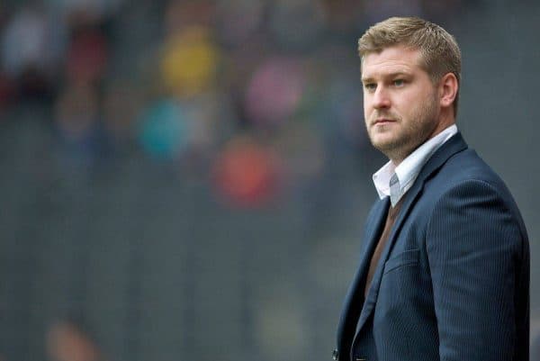 MILTON KEYNES, ENGLAND - Easter Monday, April 9, 2012: Milton Keynes Dons' manager Karl Robinson during the Football League One match against Tranmere Rovers at the Stadium MK. (Pic by David Rawcliffe/Propaganda)