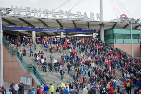 LONDON, ENGLAND - Saturday, April 14, 2012: Liverpool and Everton supporters arrive at Wembley Park Underground Station to watch the 218th Merseyside Derby, the FA Cup Semi-Final, at Wembley. (Pic by David Rawcliffe/Propaganda)