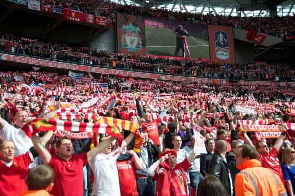 LONDON, ENGLAND - Saturday, April 14, 2012: Liverpool supporters celebrate their side's 2-1 victory over Everton during the FA Cup Semi-Final match at Wembley. (Pic by David Rawcliffe/Propaganda)