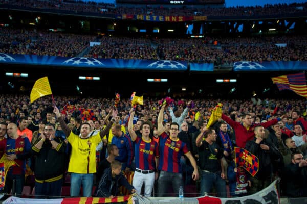 BARCELONA, SPAIN - Tuesday April 24, 2012: FC Barcelona supporters before UEFA Champions League Semi-Final 2.  Leg game against Chelsea at Camp Nou.  (Image by David Rawcliffe/Propaganda)