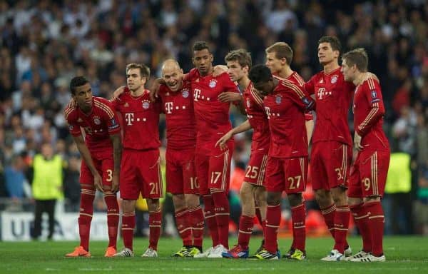 MADRID, SPAIN - Wednesday, April 25, 2012: FC Bayern Munchen's players celebrate during the penalty shoot out against Real Madrid during the UEFA Champions League Semi-Final 2nd Leg match at the Estadio Santiago Bernabeu. L-R: Luiz Gustavo, captain Philipp Lahm, Arjen Robben, Jerome Boateng, Thomas Muller, Holger Badstuber, David Alaba, Mario Gomez, Toni Kroos. (Pic by David Rawcliffe/Propaganda)