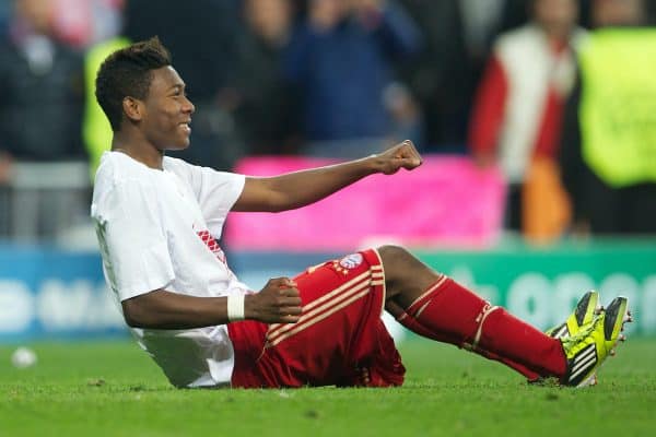 MADRID, SPAIN - Wednesday, April 25, 2012: FC Bayern Munchen's David Alaba celebrates after beating Real Madrid on penalties during the UEFA Champions League Semi-Final 2nd Leg match at the Estadio Santiago Bernabeu. (Pic by David Rawcliffe/Propaganda)