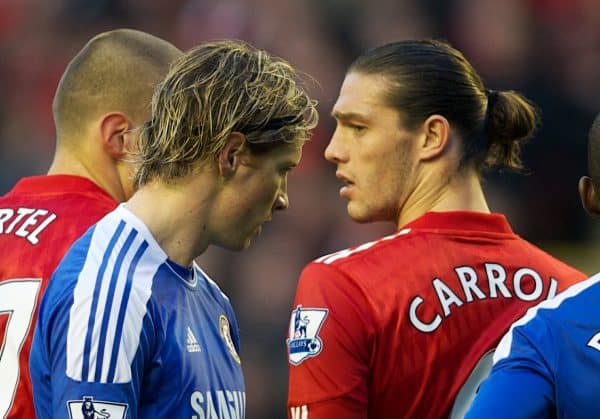 LIVERPOOL, ENGLAND - Tuesday, May 8, 2012: Liverpool's Andy Carroll and Chelsea's Fernando Torres during the final home Premiership match of the season at Anfield. (Pic by David Rawcliffe/Propaganda)