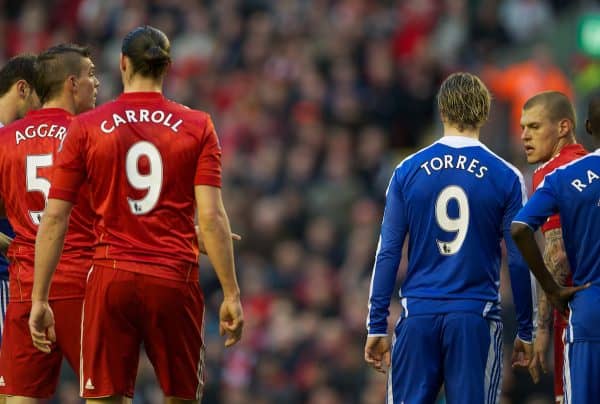 LIVERPOOL, ENGLAND - Tuesday, May 8, 2012: Liverpool's Andy Carroll and Chelsea's Fernando Torres during the final home Premiership match of the season at Anfield. (Pic by David Rawcliffe/Propaganda)