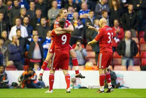 LIVERPOOL, ENGLAND - Tuesday, May 8, 2012: Liverpool's Jordan Henderson celebrates scoring the second goal against Chelsea during the final home Premiership match of the season at Anfield. (Pic by David Rawcliffe/Propaganda)