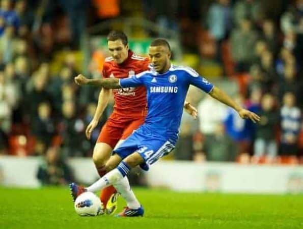 LIVERPOOL, ENGLAND - Tuesday, May 8, 2012: Liverpool's Stewart Downing in action against Chelsea's Ryan Bertrand during the final home Premiership match of the season at Anfield. (Pic by David Rawcliffe/Propaganda)