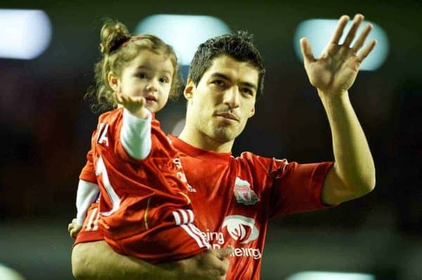 LIVERPOOL, ENGLAND - Tuesday, May 8, 2012: Liverpool's Luis Alberto Suarez Diaz and daughter Delfina wave to the supporters after the final home Premiership match of the season against Chelsea at Anfield. (Pic by David Rawcliffe/Propaganda)