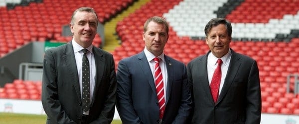 LIVERPOOL, ENGLAND - Friday, June 1, 2012: Liverpool's new manager Brendan Rodgers next to managing director Ian Ayre (L) and chairman Tom Werner (R) during a photocall to announce him as the new manager of Liverpool Football Club at Anfield. (Pic by Chris Brunskill/Propaganda)