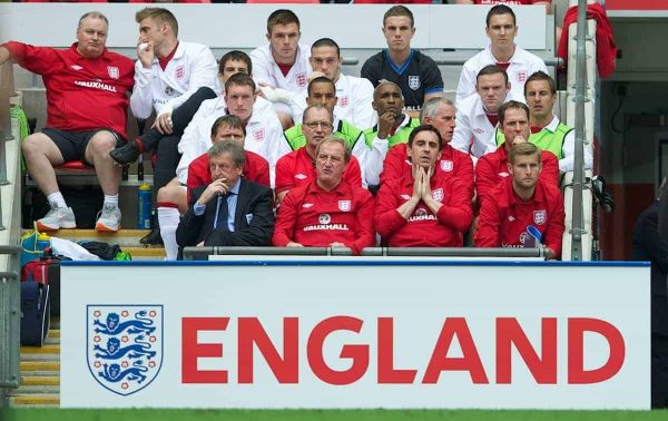 LONDON, ENGLAND - Saturday, June 2, 2012: England's new head coach Roy Hodgson with coach Gary Neville against Belgium during the International Friendly match at Wembley. (Pic by David Rawcliffe/Propaganda)