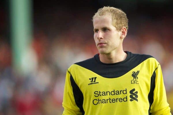 BOSTON, MA - Wednesday, July 25, 2012: Liverpool's goalkeeper Peter Gulacsi in action against AS Roma during a pre-season friendly match at Fenway Park, home of the Boston Red Sox, the second match of the Reds' North American tour. (Pic by David Rawcliffe/Propaganda)