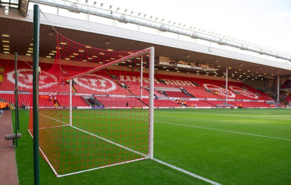 LIVERPOOL, ENGLAND - Thursday, August 9, 2012: The new red goal nets in the Kop end goal at Liverpool's Anfield Stadium. Traditionally Liverpool had red nets but recent years of the Premier League they have been white. (Pic by David Rawcliffe/Propaganda)