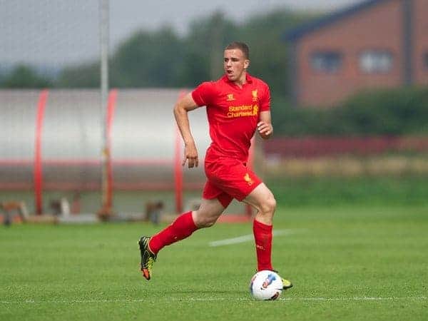 KIRKBY, ENGLAND - Saturday, August 11, 2012: Liverpool's Niall Heaton in action against Nottingham Forest during a friendly match at the Kirkby Academy. (Pic by David Rawcliffe/Propaganda)