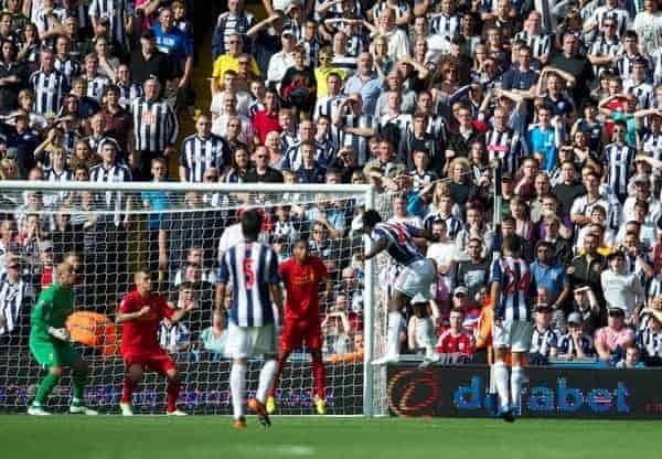 WEST BROMWICH, ENGLAND - Saturday, August 18, 2012: West Bromwich Albion's Romelu Lukaku heads home the third goal against Liverpool to seal a 3-0 victory during the opening Premiership match of the season at the Hawthorns. (Pic by David Rawcliffe/Propaganda)