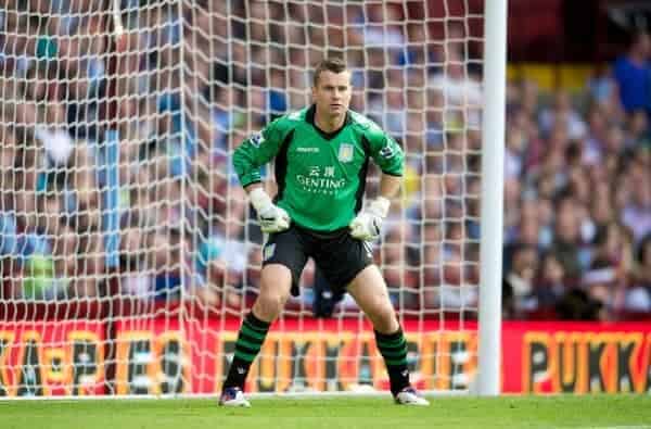 BIRMINGHAM, ENGLAND - Saturday, August 25, 2012: Aston Villa's goalkeeper Shay Given in action against Everton during the Premiership match at Villa Park. (Pic by David Rawcliffe/Propaganda)