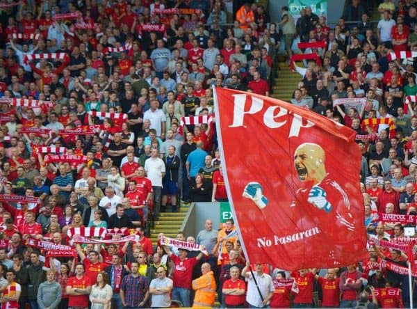 LIVERPOOL, ENGLAND - Sunday, August 26, 2012: A banner of goalkeeper Jose Reina on Liverpool's famous Spion Kop pictured before the Premiership match against Manchester City at Anfield. (Pic by David Rawcliffe/Propaganda)