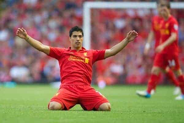 LIVERPOOL, ENGLAND - Sunday, August 26, 2012: Liverpool's Luis Alberto Suarez Diaz in action against Manchester City during the Premiership match at Anfield. (Pic by David Rawcliffe/Propaganda)