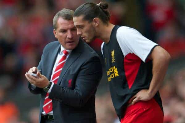 LIVERPOOL, ENGLAND - Sunday, August 26, 2012: Liverpool's manager Brendan Rodgers and substitute Andy Carroll during the Premiership match against Manchester City at Anfield. (Pic by David Rawcliffe/Propaganda)