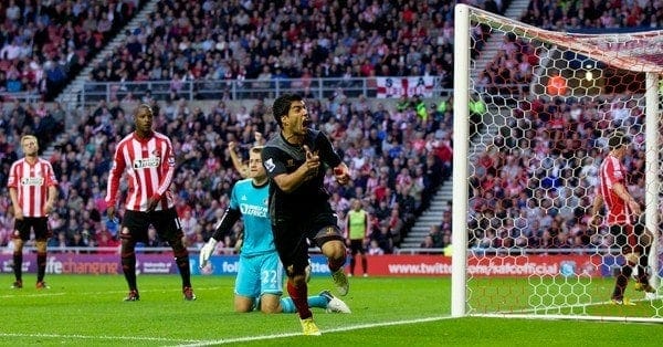 SUNDERLAND, ENGLAND - Saturday, September 15, 2012: Liverpool's Luis Alberto Suarez Diaz celebrates scoring the equalising goal against Sunderland during the Premiership match at the Stadium of Light. (Pic by Vegard Grott/Propaganda)