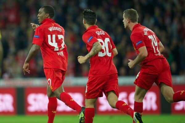 BERNE, SWITZERLAND - Thursday, September 20, 2012: Liverpool's Andre Wisdom celebrates scoring the second goal against BSC Young Boys during the UEFA Europa League Group A match at the Wankdorf Stadion. (Pic by David Rawcliffe/Propaganda)