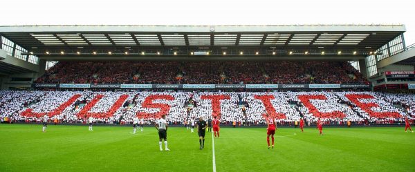 LIVERPOOL, ENGLAND - Sunday, September 23, 2012: Liverpool supporters form a mosaic on the Centenary Stand calling for Justice for the 96 victims of the Hillsborough Stadium Disaster before the Premiership match against Manchester United at Anfield. (Pic by David Rawcliffe/Propaganda)