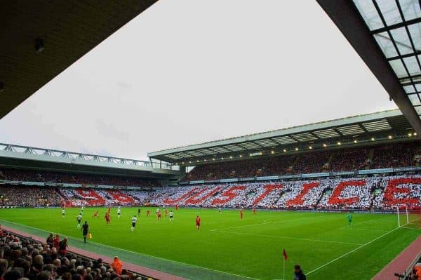 LIVERPOOL, ENGLAND - Sunday, September 23, 2012: Liverpool supporters form a mosaic on the Anfield Road and Centenary Stands calling for Justice for the 96 victims of the Hillsborough Stadium Disaster before the Premiership match against Manchester United at Anfield. (Pic by David Rawcliffe/Propaganda)
