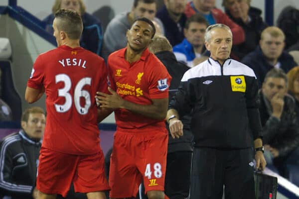 WEST BROMWICH, ENGLAND - Wednesday, September 26, 2012: History in the making? Liverpool's Jerome Sinclair becomes the youngest ever player to appear for the Reds, aged 16 years and 6 days during the Football League Cup 3rd Round match against West Bromwich Albion at the Hawthorns. (Pic by David Rawcliffe/Propaganda)