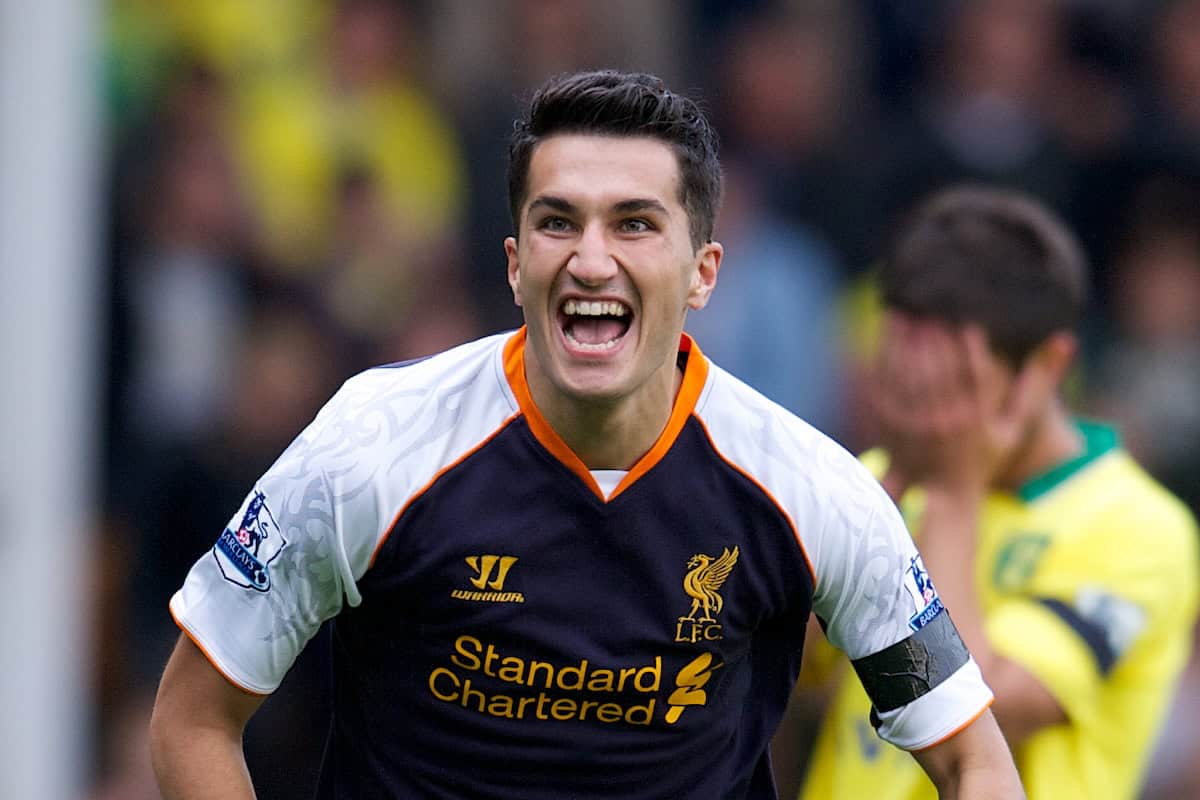 NORWICH, ENGLAND - Saturday, September 29, 2012: Liverpool's Nuri Sahin celebrates scoring the third goal against Norwich City during the Premiership match at Carrow Road. (Pic by David Rawcliffe/Propaganda)