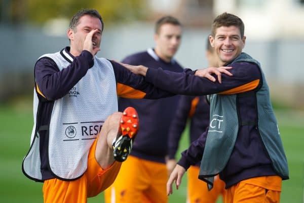 LIVERPOOL, ENGLAND - Wednesday, October 3, 2012: Liverpool's Jamie Carragher and captain Steven Gerrard during a training session at Melwood Training Ground ahead of the UEFA Europa League Group A match against Udinese Calcio. (Pic by David Rawcliffe/Propaganda)