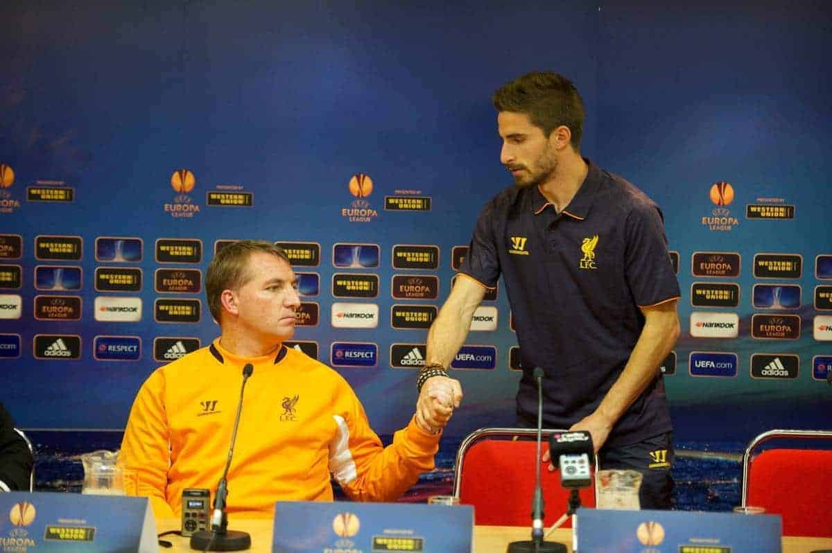 LIVERPOOL, ENGLAND - Wednesday, October 3, 2012: Liverpool's manager Brendan Rodgers and Fabio Borini during a press conference at Anfield ahead of the UEFA Europa League Group A match against Udinese Calcio. (Pic by David Rawcliffe/Propaganda)