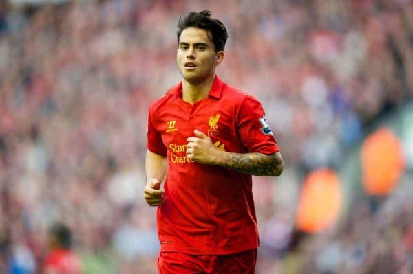 LIVERPOOL, ENGLAND - Saturday, October 20, 2012: Liverpool's 'Suso' Jesus Joaquin Fernandez Saenz De La Torre in action against Reading during the Premiership match at Anfield. (Pic by David Rawcliffe/Propaganda)