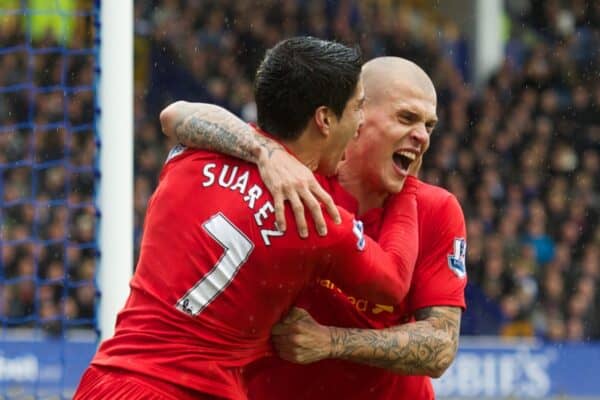 LIVERPOOL, ENGLAND - Sunday, October 28, 2012: Liverpool's Luis Alberto Suarez Diaz celebrates scoring the second goal against Everton with team-mate Martin Skrtel during the 219th Merseyside Derby match at Goodison Park. (Pic by David Rawcliffe/Propaganda)