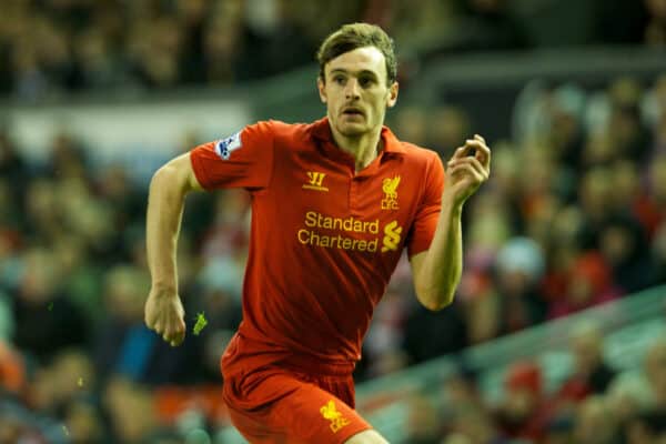 LIVERPOOL, ENGLAND - Wednesday, October 31, 2012: Liverpool's Jack Robinson in action against Swansea City during the Football League Cup 4th Round match at Anfield. (Pic by David Rawcliffe/Propaganda)